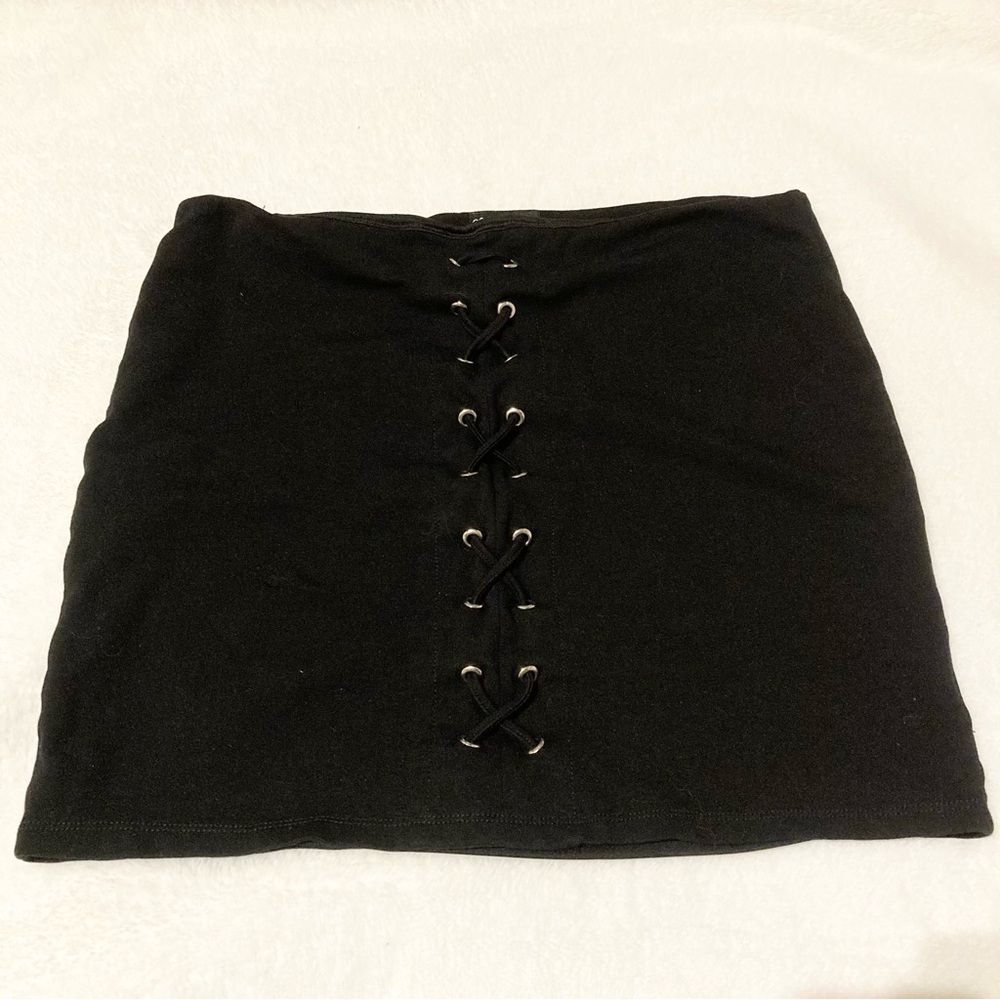Chocolate USA Black Mini Skirt Faux Lace Up Large Stretchy